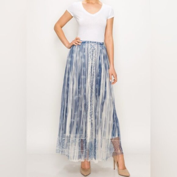 NEW Origami Cream Aztec Tribal Orange Red Blue Tulle Overlay 2 Tier Maxi Skirt M - Picture 6 of 6